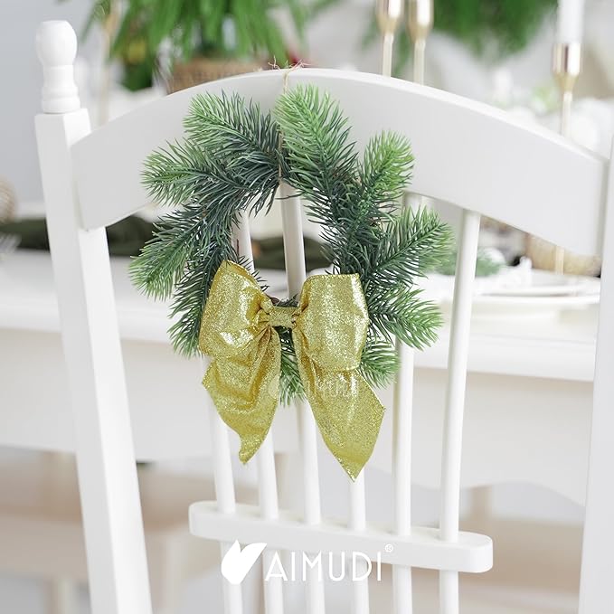 AIMUDI Gold Glitter Wired Ribbon Bows with Twist Tie 5.5" Premade Metallic Christmas Bows for Gift Wrapping, Wreath, Garland, Holiday Crafts Party Home Outdoor Christmas Tree Decorations, 12 PCs