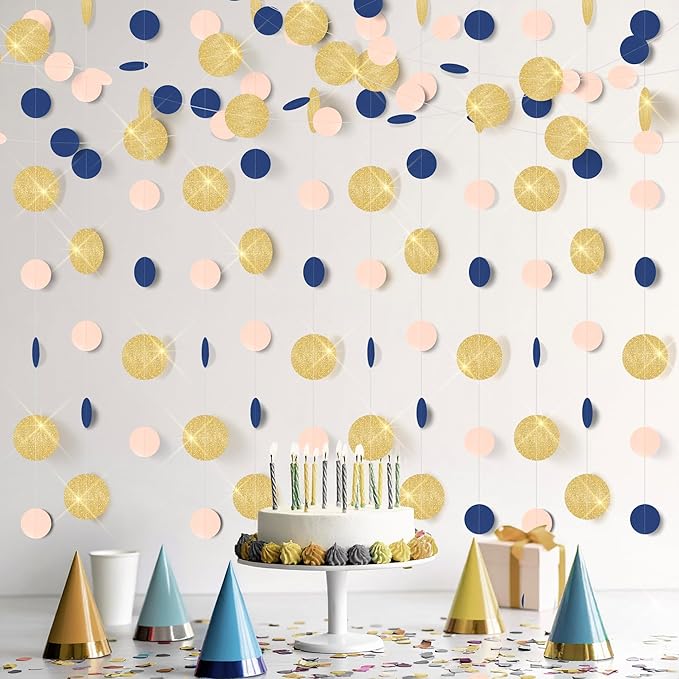 KatchOn, Circle Dots Paper Garland - 65 Feet, Pack of 5 | Colorful Birthday Garland for Pink Gold Birthday Decorations | Blue Gold Hanging Decorations for Wedding, Baby Shower, Bridal, Classroom Decor