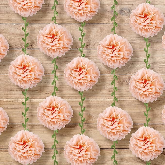 XIANNVXI Pink Tissue Paper Pom Pom Garlands Artificial Flowers Hanging Decorations 8.2ft Hanging Flowers Garland for Wedding Birthday Bridal Shower Party Spring Decorations 2PCS（Lotus Root Pink）