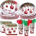 Havawish 350 Pcs Christmas Party Supplies Red Christmas Ball Disposable Tableware Set Oval Paper Plates Cups Napkins Fork Knife Spoon Dinnerware for Winter Xmas Holiday Party Table Decorations