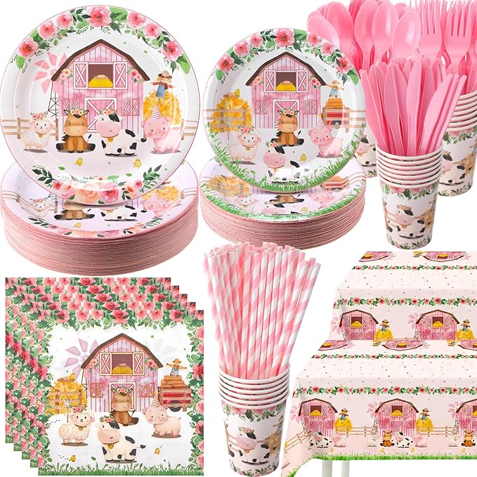 Ceenna 452 Pcs Pink Farm Animal Birthday Party Decoration for 50 Guest, Pink Farm Barnyard Paper Plates Napkins Cups Tablecloth Cutlery Straw for Baa Moo Im Two Birthday Baby Shower Party Supply