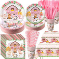 Ceenna 452 Pcs Pink Farm Animal Birthday Party Decoration for 50 Guest, Pink Farm Barnyard Paper Plates Napkins Cups Tablecloth Cutlery Straw for Baa Moo Im Two Birthday Baby Shower Party Supply