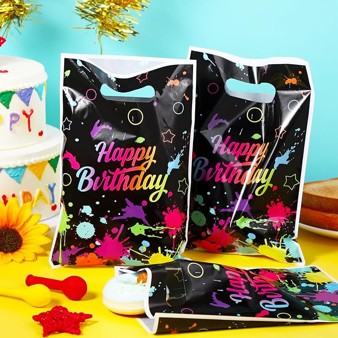 Pasimy 50 Pieces Neon Bags Let's Glow in The Dark Supplies Neon Happy Birthday Candy Goodie Treat Plastic Bags with Handle for Glow in Dark Birthday Party Decoration