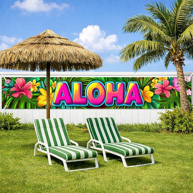 Aloha Backdrop Banner Hello Summer Hawaiian Tropical Theme Supplies Outdoor Banner 118 x 20 inch Party Backdrop Decorations Photo Booth Props Summer Supplies Large Yard Sign