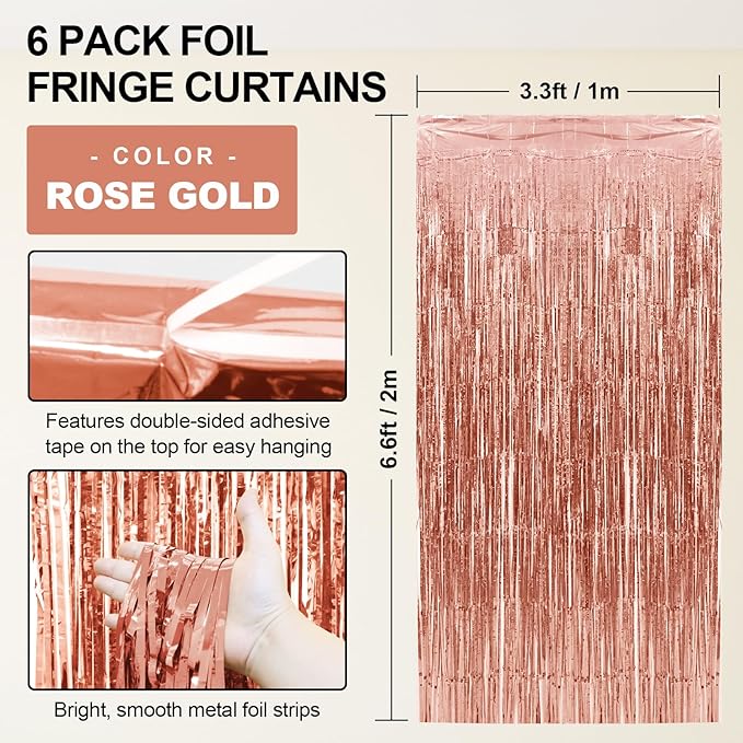 Homiest 6 Pack Rose Gold Tinsel Backdrop, 3.3x6.6 FT Metallic Tinsel Foil Fringe Curtains Party Decorations, Birthday Door Streamers for Baby Shower Wedding, Photo Booth Props Background Wall Decor