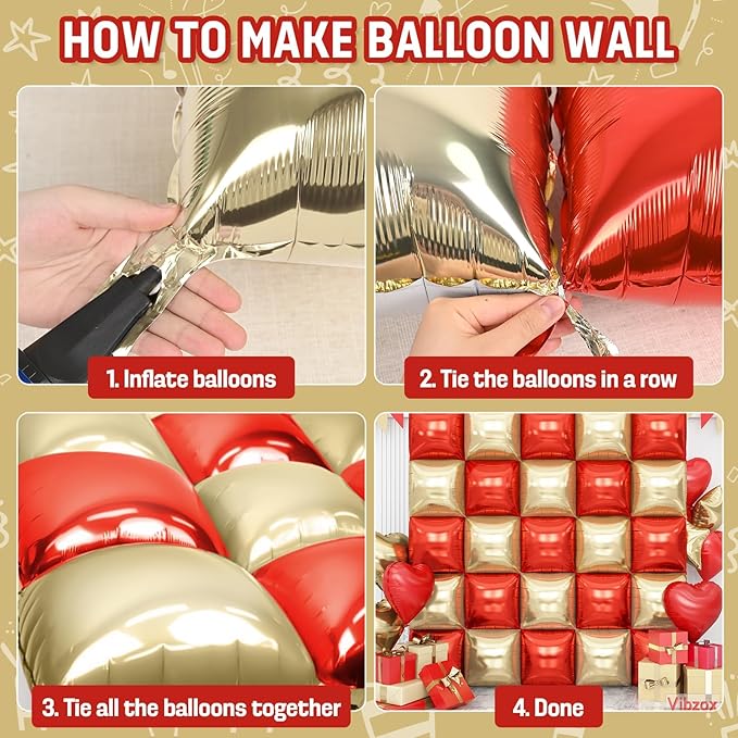 Red and Gold Square Foil Balloons Wall, Double Sided Chrome Light Gold and Red Balloons Tunnel Arch Kit Backdrop for New Year 2026 Birthday Graduation Wedding Valentine's Day Party Decorations