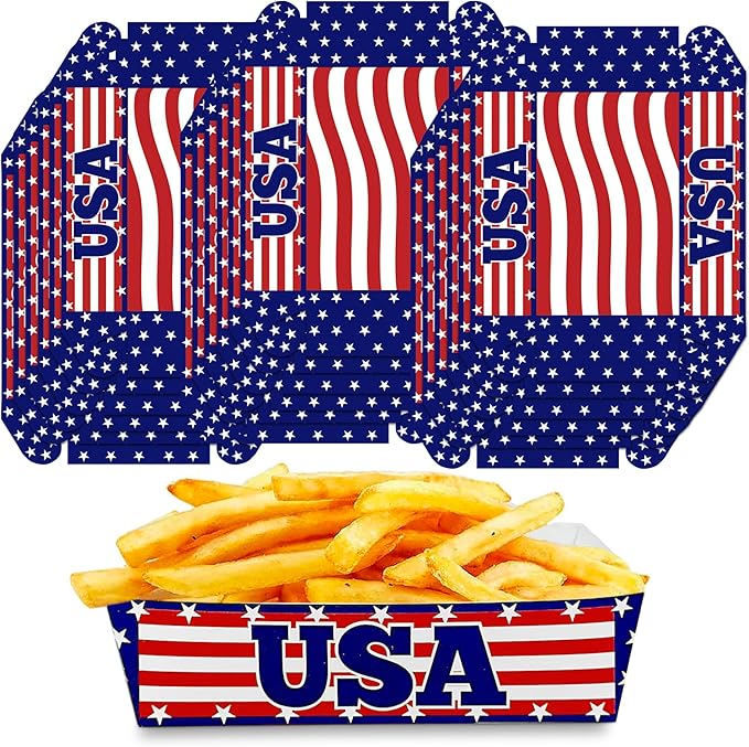 American Flag Paper Food Trays | (50 Pcs) Disposable USA Flag Concession Snack Tray | Patriotic Baskets for Nachos, Chips, Candy | 4th of July Party Decorations | Red, White and Blue Boat