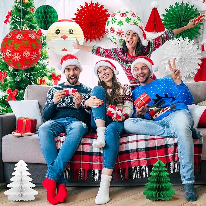 Christmas Honeycomb Paper Lantern Decoration Set, Hanging X-mas Party Supplies Including Christmas Hat, Trees Honeycomb Balls Lanterns, Paper Fans for Holiday XMAS Party Decor