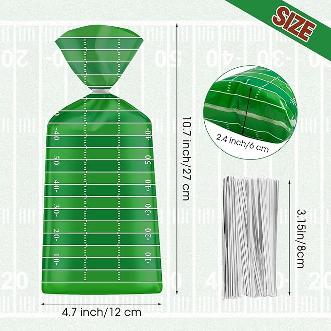 100 Pcs Football Goodie Bags - Brown Green Football Treat Bags, Plastic Rugby Sport Cellophane Snack Gift Candy Goody Bag with Silver Twist Ties for Sports Team Events Birthday Party Favors Supplies
