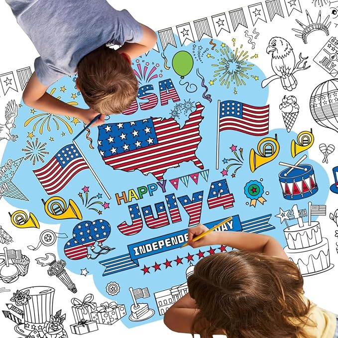 4th of July Giant Coloring Tablecloth,Patriotic Giant Poster 30x72 for Independence Day, Decor American Flag Poster TableCover,Kids Art Crafts Coloring for Classroom School Party Tablecloth