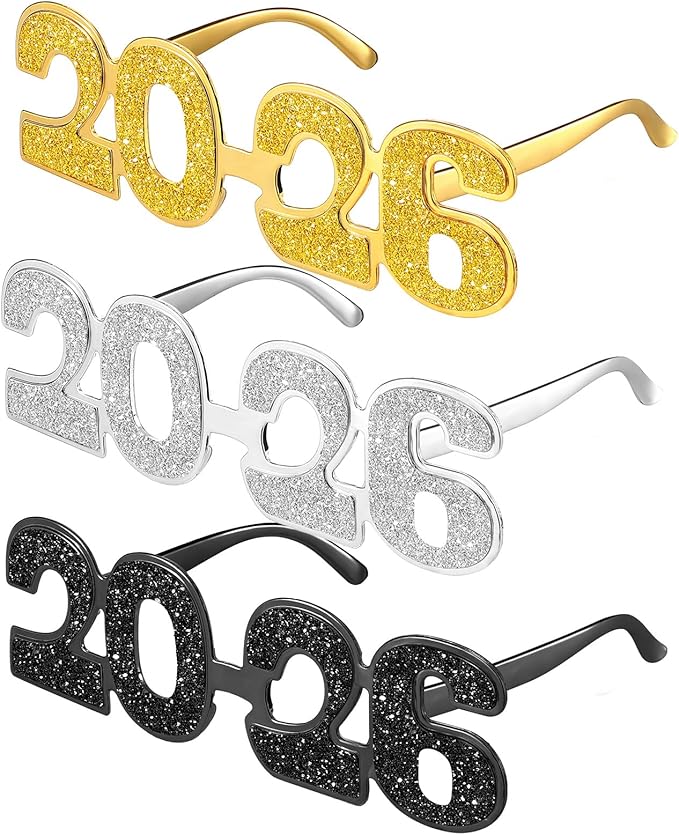 Kanayu 3 Pcs 2026 New Years Party Supplies Glasses New Years Eve Glasses Props for Women Men, Gold, Silver, Black(Glitter Style)