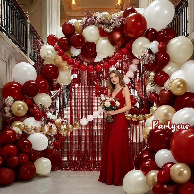 Red White Gold Balloon Arch Double Stuffed Burgundy Pearl White Sand Gold Balloon Garland Kit Red Linking Balloons Fringe Curtain for Bridal Shower Wedding Birthday Mother's Day Engagement Party Decor