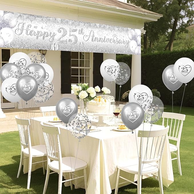 Silver 25th Wedding Anniversary Decorations for Men Women Silver Happy 25th Anniversary Banner and 18Pcs Balloons for 25 Years Wedding Party Decoration Supplies