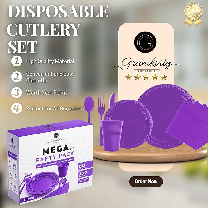 Grandipity 350 Piece Purple Disposable Dinnerware Set, Includes 50 of Each: 9" Dinner Plates, 7" Dessert Plates, 12oz Cups, Paper Napkins, Forks, Knives & Spoons