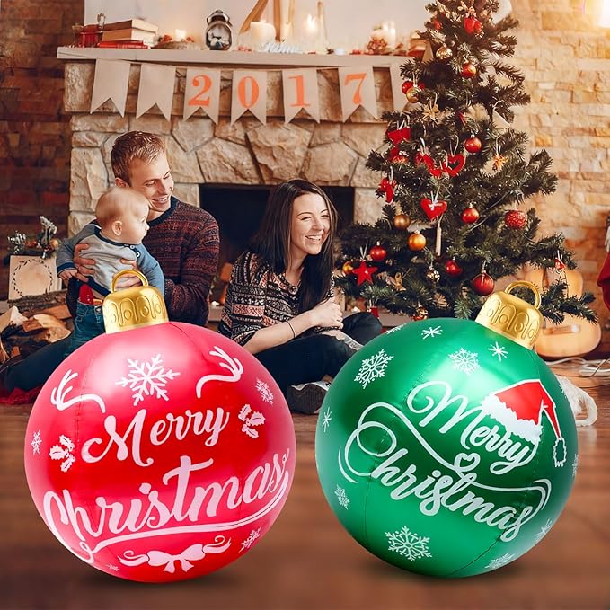 2 Pcs 24-Inch Christmas Ornaments, Large Flocked PVC Decorative Balls Christmas Themed Party Ornaments for Lawn, Garden, Patio and Indoor Decor (Red,Green)