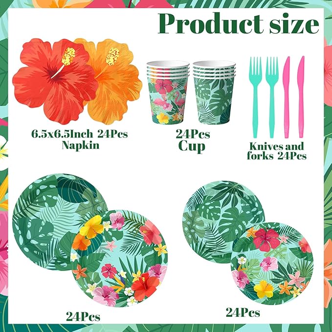144Pcs Tropical Luau Party Supplies Hawaiian Hibiscus Floral Disposable Paper Plates and Napkins Palm Leaf Themed Tableware Set for Summer Beach Aloha Birthday Decorations