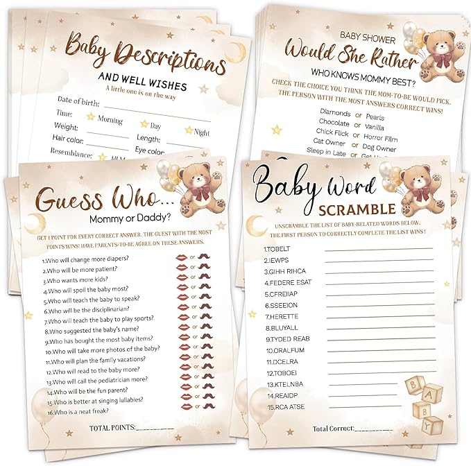 HOMANGA Baby Shower Games for Boy or Girl, 4 Funny Games for 25 Guests, Who Knows Mommy Best, Guess Who, Word Scramble, Gender Neutral Bear Design Baby Shower Decorations