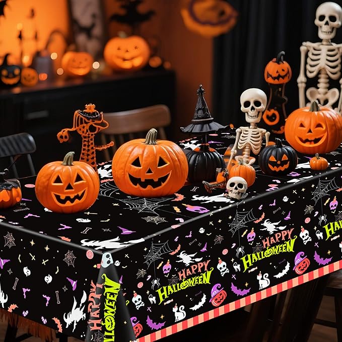 Halloween Tablecloth Plastic Disposable – 3 Pack 54 x 108 Inch Rectangle Table Covers – Witches, Skulls, Pumpkins & Spider Webs – Halloween Table Decorations for Party or Dining