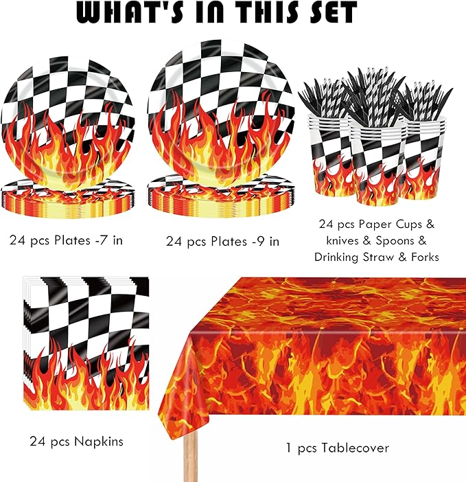 Race Car Birthday Party Decorations, 193Pcs Black White Checkered Race Car Party Supplies Set for 24 Guests, Flame Racing Theme Paper Plates, Tablecloth, Cups, Napkins with Cutlery