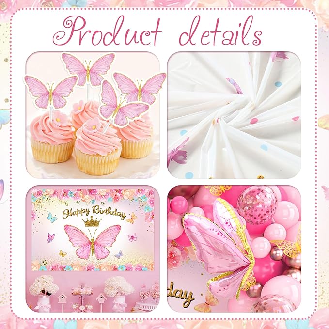 Pink Balloon Arch Kit with Foil Butterfly Balloons, Happy Birthday Backdrop & Tablecloth Decorations for Girl's Party - 106 Supplies