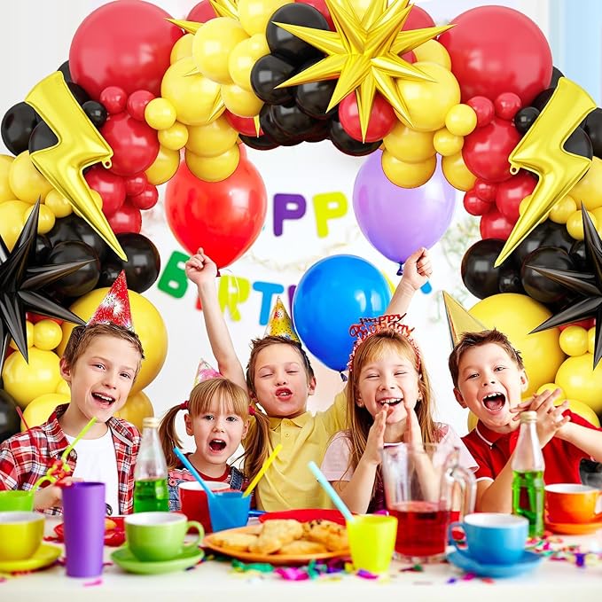 Red Black Yellow Balloons Arch Garland Kit, Cartoon Birthday Party Balloons with Lightning Star Balloons for Cartoon Theme Birthday Baby Shower Party Decor