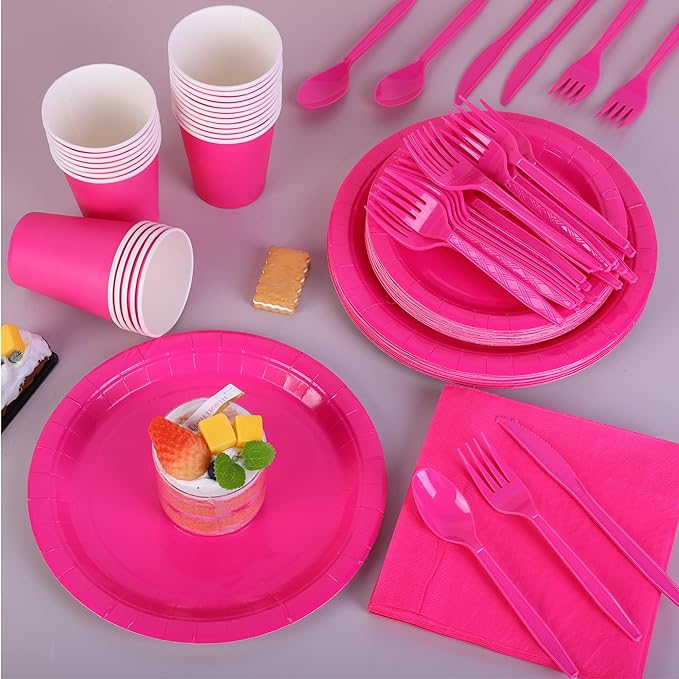 ADXCO 169 Pieces Hot Pink Party Supplies Include Paper Plates Cups Napkins Forks Knives Spoons Waterproof Tablecloth Complete Tableware for Party Decorations