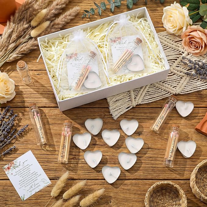 Wovnet 50 Sets Wedding Party Favors for Guests Bulk Including Heart Shaped Candles and Empty Matches Jars with Cork Top Thank You Cards and Organza Bags for Wedding Bridal Shower Party (Boho Flower)