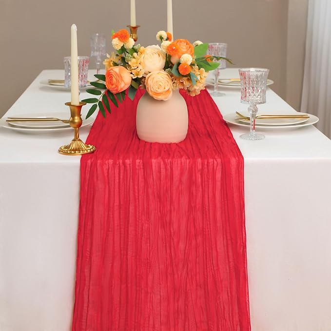 Snowkingdom 6 PCS Red Cheesecloth Table Runner 10 Ft, 120 inch Long Cheese Cloth Gauze Runners for Christmas Wedding Bridal Baby Shower Birthday Holiday Party Table Decorations