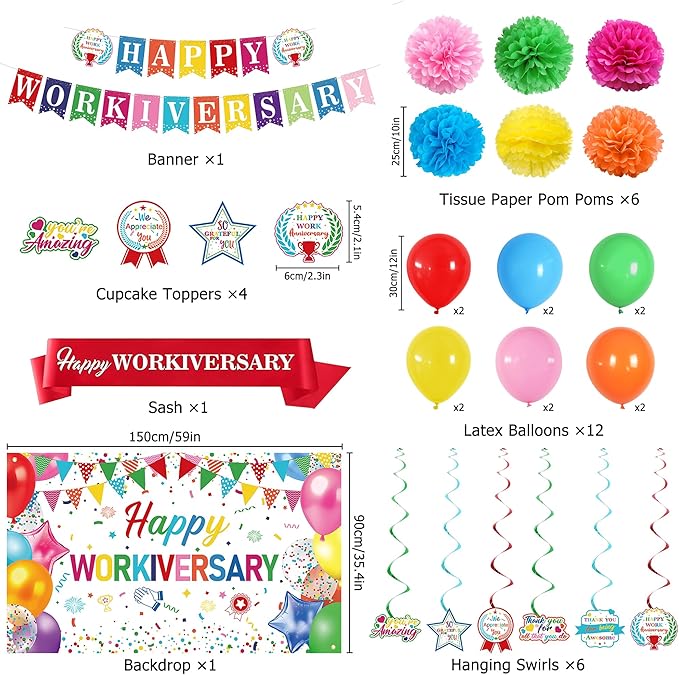 DARUNAXY Happy Workiversary Party Decorations for Men Women, Colorful Happy Work Anniversary Banner Cake Topper Hanging Swirl Confetti Balloons Decor Set for Employee Office Party Supplies(31PC)