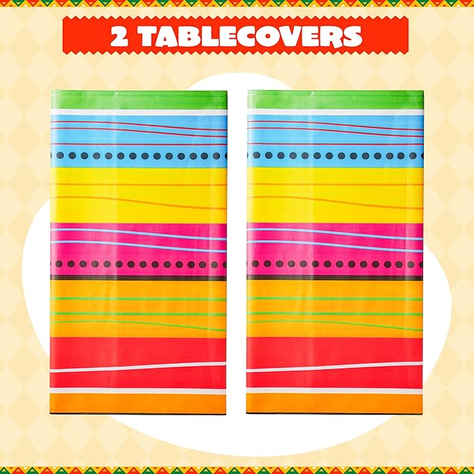 JOYIN 2 pcs Cinco De Mayo Printed Plastic Tablecover (54 x 108 INCHES), Multi Color Fiesta Style Tablecloth for Mexican Themed Party, Taco Night, Birthday