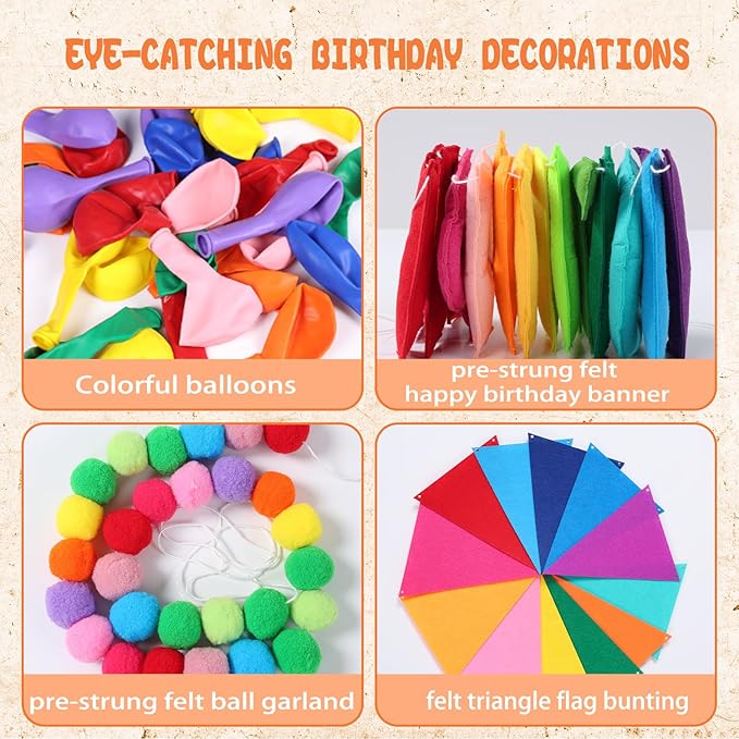 Pre-Strung 3D Happy Birthday Banner, 38 PCS Felt Ball Garland HAPPY BIRTHDAY Sign, Rainbow Pom Pom Garland, Triangle Fabric Bunting Party Banners, Reusable Rainbow Birthday Party Decorations for Girls Boys Women Men