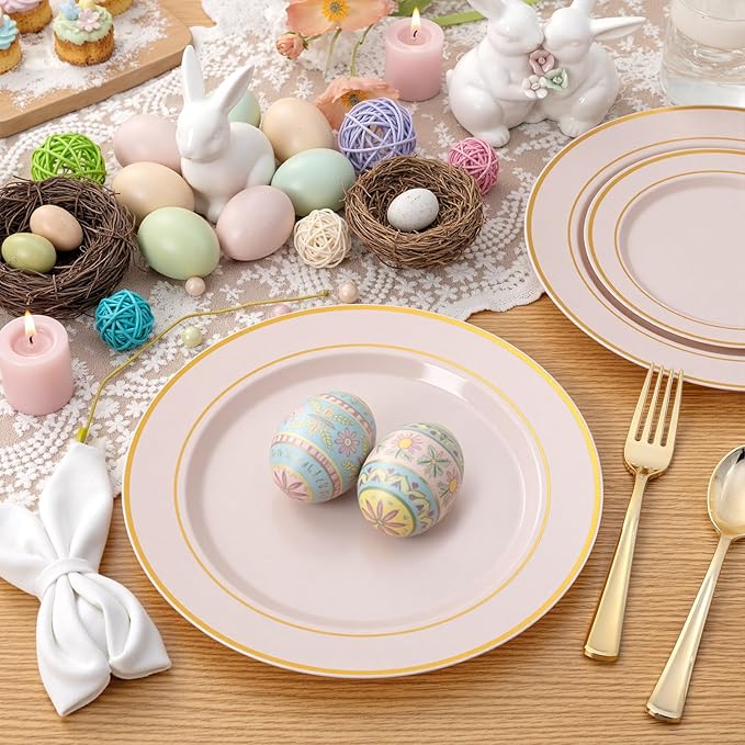 350PCS Pink Disposable Plates - Pink Plastic Plates 50Guests Plastic Dinnerware Sets with Rolled Napkins for Wedding/Birthday/Baby shower/Easter