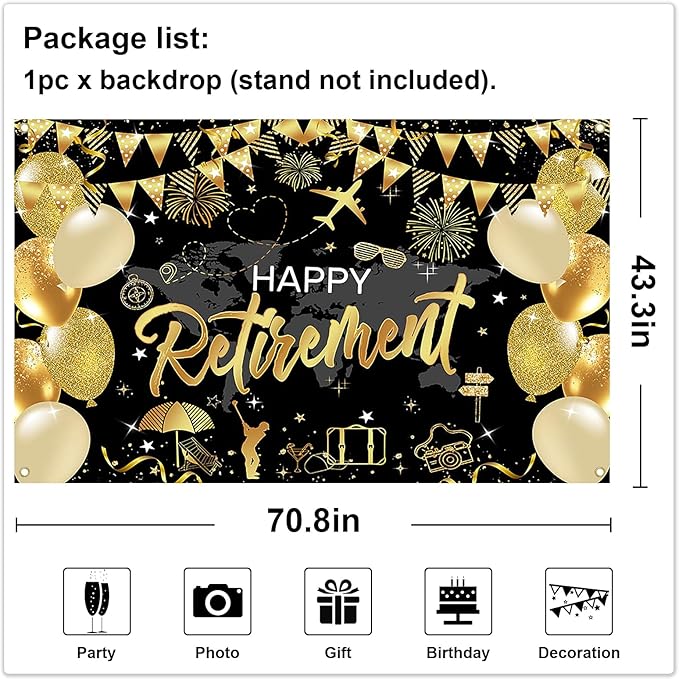 Mocsicka Retirement Party Decorations Black and Gold Happy Retirement Backdrop Banner Retired Party Decorations Photo Booth Props (Black Gold, 180x110cm)