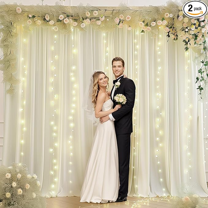 10 x 10ft Ivory Backdrop Curtains with Lights String for Wedding Photo Backdrop Drapes Wrinkle Free Polyester Curtains Backdrop for Baby Shower Birthday Parties Reception Ceremony - 5 x 10ft 2 Panels