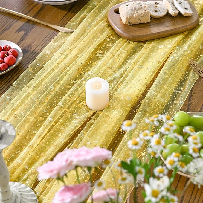 Horaldaily Yellow Gold Sparkling Star Gauze Tablecloth 60x120 Inch Rectangular, Golden Star Sequin Glitter Metallic Foil, Sheer Tulle Cheesecloth for Wedding Baby Shower Party