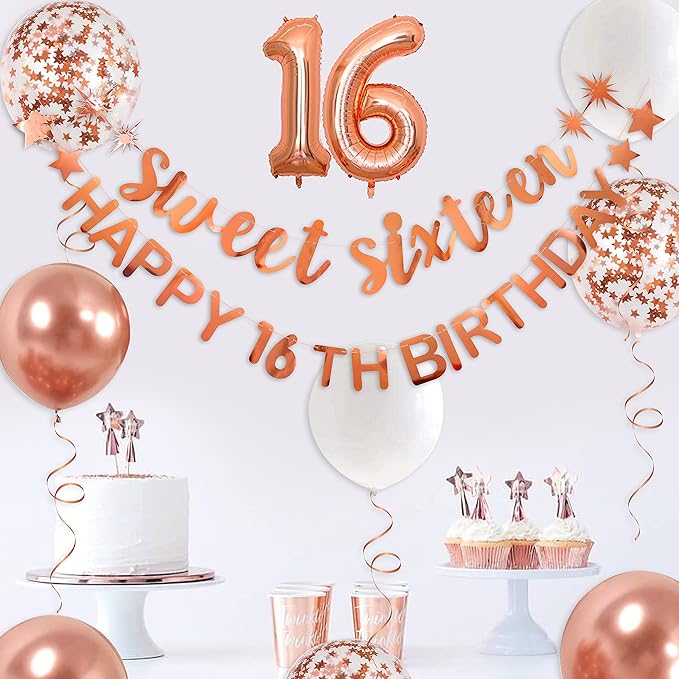 Rose Gold Sweet Sixteen Happy 16th Birthday Banner Garland Foil Balloon 16 for Sweet 16 Decorations 16th Birthday Dercorations for Girls Cheers to 16 Years 16 and Fabulous Party Backdrop Supplies
