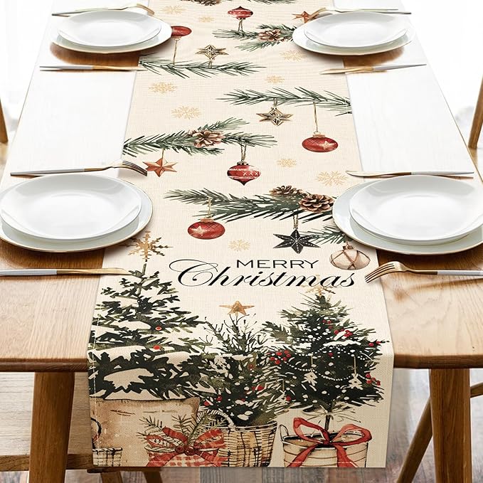 Merry Christmas Tree Dining Table Runner, Xmas Balls Pine Needle Branches Burlap Kitchen Decoration, Winter Holiday Indoor Outdoor Home Decor Party Supply 13 x 72 Inches