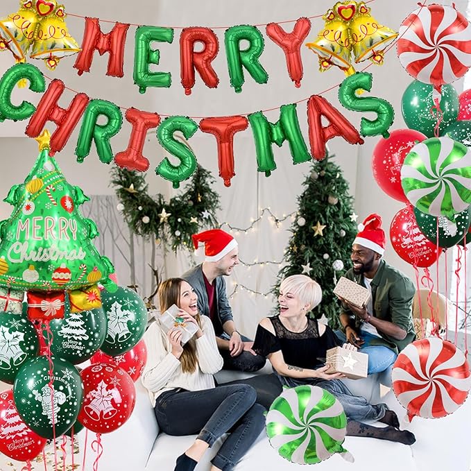 Outdoor Christmas Decorations Indoor, Christmas Ornaments with Merry Christma Balloons Banner with Candy Balloon, Small Bell Balloons, Tree Balloon for Christma Party Decorations