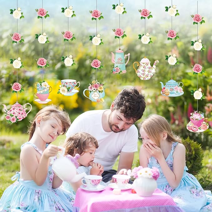Faccito Floral Tea Party Decorations Double Sided Tea Party Hanging Garland Decor for Baby Shower Gender Reveal Bridal Wedding Favors Girls Women 32", 8 Pack