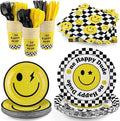 durony 196 Pieces One Happy Dude Birthday Party Decorations First Birthday Smile Face Party Tableware Set Smiley Plates Cups Napkins Forks for One Happy Dude Party, 1st Party, Serve 28 Guest