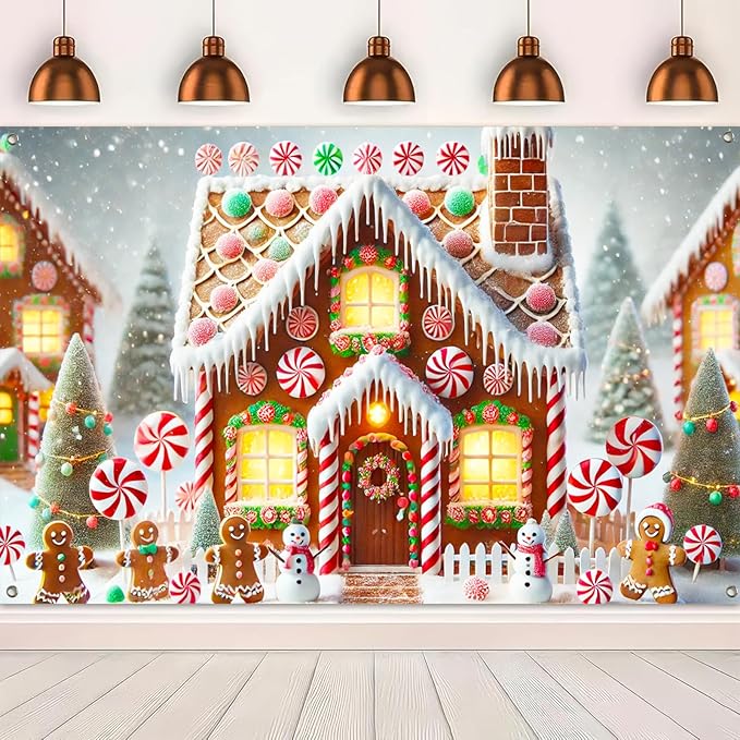 Christmas Banner Gingerbread House Peppermint Candy Cane Snowman Holiday Winter Wonderland Party Wall Decor Backdrop for Home Indoor Outdoor Photo Prop 71 X 43 Inches Large Banner
