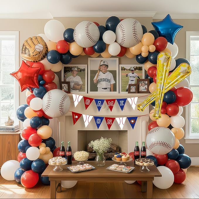 Baseball Birthday Party Decorations & with Red White Blue Nude balloon arch & Baseball Bat Gloves stars Foil balloons for Kids Fans Game Day sports Themed Rookie of the Year Party Decor Supplies