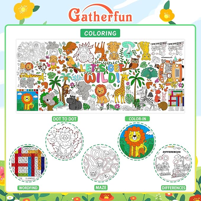 Safari Jungle Party Coloring Poster, 31.5x72" - Ideal as Safari Birthday Decorations, Kids' Coloring Table Cloth, Jungle Tablecloth for School Party & Special Events