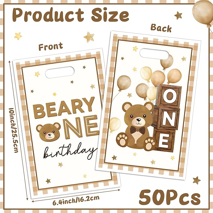 Beary First Birthday Party Favor Bag 50Pcs Brown Bear Sweet Goody Candy Treat Gift Bags Beary One My 1st Birth Day Theme Party Decorations for Kids One Year Old Birthday Supplies