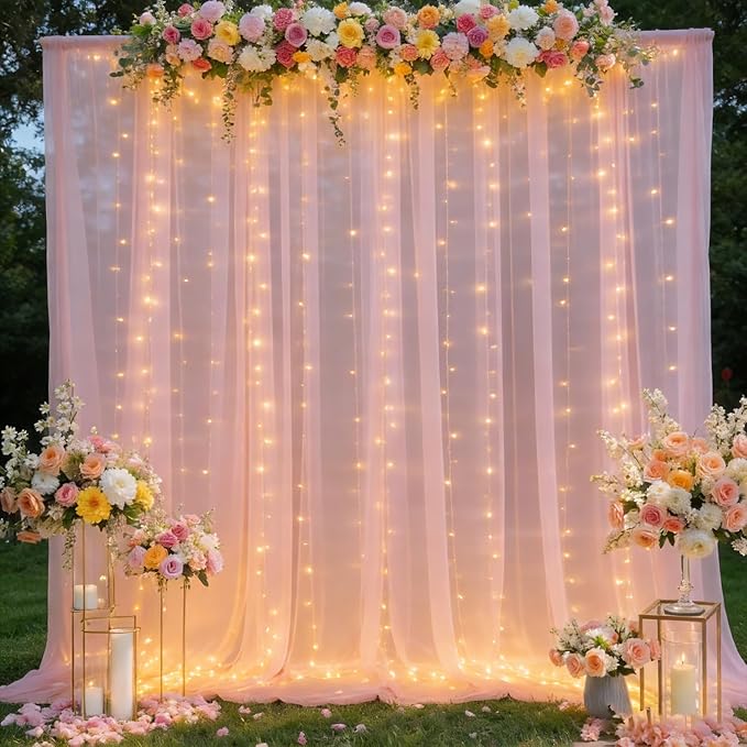 Pink Tulle Backdrop Curtains with Lights, Elegant Sheer Photo Backdrop Drapes, Soft Fabric & LED Curtain for Wedding Brithday Parties Photoshoot Background Decor, 10ftx8ft