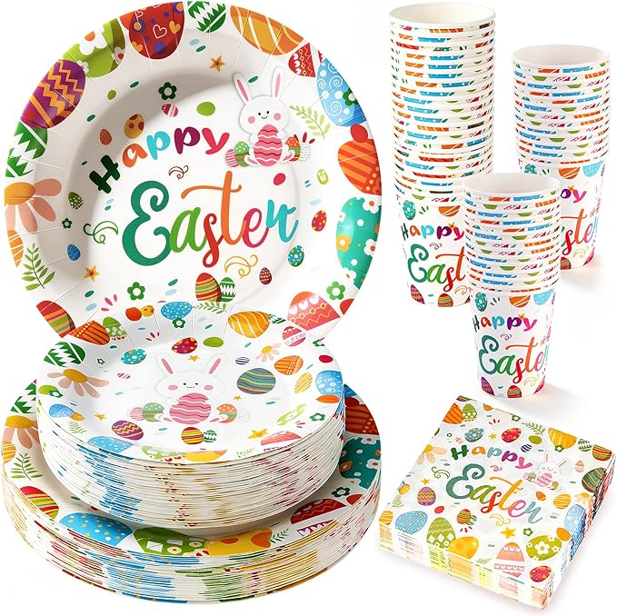 200PCS Easter Paper Plates and Napkins Set, Bunny & Egg Theme, 9" Dinner Plates, 7" Dessert Plates, 9oz Cups and Napkins, Heavy Duty Disposable Tableware for Easter Party Supplies, Serves 50