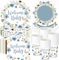 Pickmesh 250 Pcs Blue Floral Baby Shower Party Supplies Decorations Serve 50 Wildflower Welcome Baby Disposable Paper Plates Napkins and Cups for Birthday Babies Boy Shower Gender Reveal Party Decor