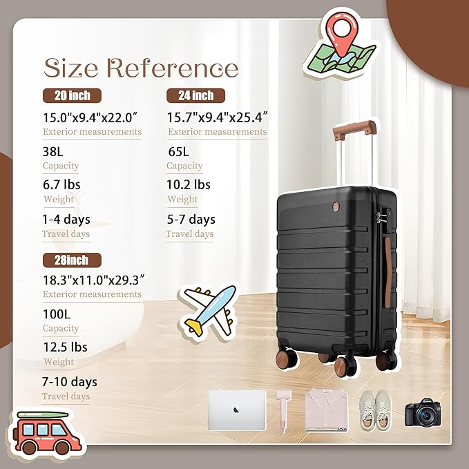 Hulsin Luggage Sets Clearance 3 Piece Hardside Suitcase with Wheels, 20/24/28 inch Rolling Luggage Set for Women, Hard Shell Travel Suitcases with TSA Lock (Black, 3PCS Set)
