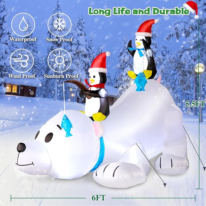 6 FT Christmas Inflatable Outdoor Decoration Polar Bear with Penguins, Xmas Blow Up Yard Decoration with Built-in LED Lights, Suitable for Christmas Party Outdoor, Yard, Garden, Lawn Holiday Decor