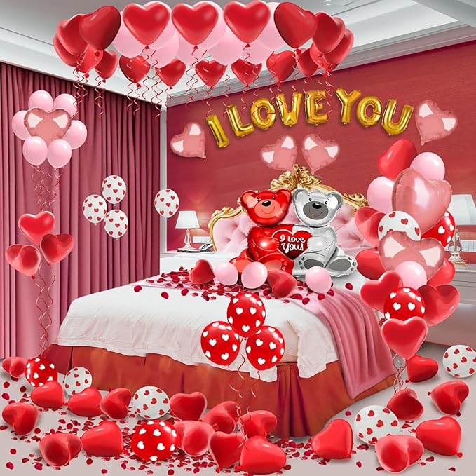 Valentines Balloon Kit Decor with I Love You Balloons, Heart Balloons with 1000 Pcs Silk Red Rose Petals for Valentines Day Galentines Party Decorations Proposal Wedding Anniversary Decor